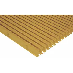 FIBERGRATE ISOFR is a flame-resistant structural grating made of fiberglass-reinforced plastic. It measures 5 ft by 10 ft nominal. This grating is used in industrial settings where corrosion resistance and fire safety are required, such as platforms, walkways, and trench covers.