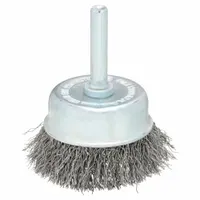 Cup brush with crimped steel fill for light cleaning of carbon steel surfaces. Removes rust, scale, and light burrs without aggressive cutting. Brush diameter 2 in, shank 1/4 in, fill diameter 0.012 in