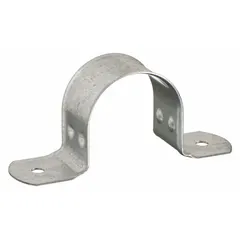 This standard strap clamp is made of pre-galvanized steel and designed for 2-inch nominal pipe with a maximum outside diameter of 2 3/8 inches. It is used to secure and support piping in industrial plumbing, HVAC, and mechanical systems.
