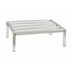 Welded aluminum dunnage rack with natural silver finish. Measures 8 in x 36 in x 24 in and supports up to 2,000 lb. Includes cap feet. Used for stable, elevated storage of heavy materials in industrial and warehouse settings.