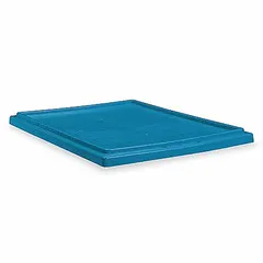 Blue plastic lid designed for standard stacking and nesting totes. Compatible with tote model 35200. Measures 19 1/2 in x 13 1/2 in. FDA compliant for use in food-contact or pharmaceutical environments where hygiene is required.