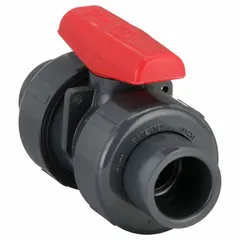 PVC straight ball valve with socket x FNPT connections, rated for 235 psi CWP. Provides on/off flow control in PVC piping systems for water, chemical, and process applications requiring corrosion resistance.