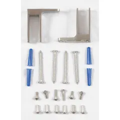 Brushed stainless steel pilaster wall bracket for securing pilasters to walls in commercial bathroom partitions. Includes two stainless steel one-ear brackets. Compatible with phenolic partition material. Overall height 2-1/2 inches, width 3-1/2 inches.