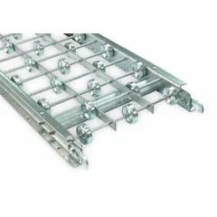 This light-duty rigid-frame skate wheel conveyor features an aluminum frame with 15 in overall width and 13 in between-frame width. It is rated for a maximum load capacity of 150 lb/ft at 5 ft centers. Suitable for moving boxes, cartons, and totes in packaging, assembly, and warehouse lines where low friction and manual or gravity flow are needed.