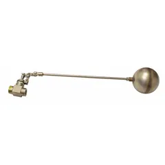 This float valve assembly automatically controls water level in tanks, reservoirs, and cooling towers. It features a straight cylindrical valve body with 1 in FNPT inlet and outlet connections, includes a float and rod, and mounts on horizontal piping. The adjustable arm allows for level setting, and the valve delivers 75 gpm at 60 psi.