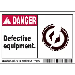 Polyester adhesive sign for marking defective equipment. Nominal size 3 1/2 in x 5 in, 0.01 in thick. Non-retroreflective, not glow-in-the-dark. Supplied as a 5-pack for industrial safety applications.