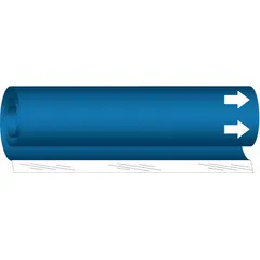 Blue wrap-around pipe marker with white legend text, designed for pipe outer diameters from 2-1/2 to 7-7/8 inches. Includes arrows for flow direction indication. Suitable for industrial pipe identification and labeling applications.