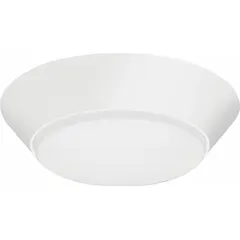 This 7 1/4-inch diameter LED flush-mount fixture delivers 700 lumens with selectable color temperatures of 3000K, 4000K, or 5000K. It operates on 120V AC, consumes 12 watts, and has a low profile of 1 3/4 inches in height. Suitable for general indoor lighting in hallways, closets, and areas with limited ceiling space.