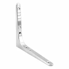 18-8 stainless steel shelf bracket with satin finish. Dimensions: 5 27/32 in length, 7 7/64 in height, 19/32 in width. Capacity: 55 lb. Suitable for industrial shelving, cabinetry, and workstations.