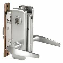 This BEST storeroom lever lockset features a satin chromium-plated stainless steel finish and a 40H escutcheon style. It is ADA compliant and accepts an interchangeable core. The ANSI F07 function allows free egress while requiring a key for entry, suitable for interior doors in commercial or institutional settings where privacy is not required.