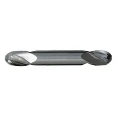 This double-end carbide ball end mill is designed for machining aluminum and non-ferrous materials. The ball nose geometry enables contouring, slotting, and profiling with smooth curved surfaces. With two cutting ends, it offers extended tool life between changes. Specifications: 1/16" mill diameter, 1/8" length of cut, 1-1/2" overall length, 4 flutes.