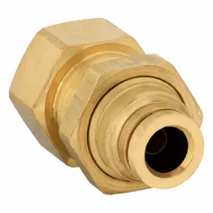 Brass push-to-connect union fitting with one end accepting 3/8 in OD tubing and the other end having 3/8 in FNPTF threads. Designed for quick, tool-free installation in pneumatic or air brake systems. Corrosion-resistant brass construction suitable for industrial machinery and plant air lines.
