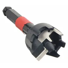 Self-feed drill bit with replaceable blades for fast, clean boring of large-diameter holes in wood. Features a 7/16 in hex shank and 5 in overall length. Commonly used in electrical, plumbing, and construction applications.