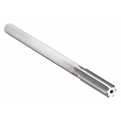 This chucking reamer is made from high-speed steel with a straight-flute design and a neutral finish. It is used to precisely enlarge or finish drilled holes to tight tolerances in metalworking and machining operations.