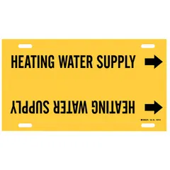Yellow strap-on pipe marker with black legend 'Heating Water Supply' and directional arrows. Fits pipe outer diameters from 8 to 9-7/8 inches. Used to identify heating water supply lines in piping systems.
