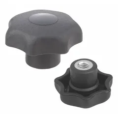 7-arm knob with threaded hole, 25 mm diameter, M5 thread, 10 mm thread length. Plastic body with stainless steel thread insert. Used for manual adjustment, clamping, or positioning on machinery, jigs, and fixtures.
