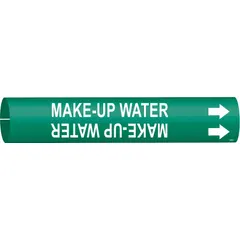 Snap-on pipe marker for identifying make up water lines. Green background with white legend text. Fits pipe outer diameters of 4 to 6 inches. Includes arrows to indicate flow direction. Suitable for use in industrial facilities such as boiler rooms, HVAC systems, and process water lines.