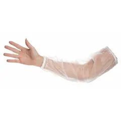 Clear vinyl sleeves with welded seams, 4 mil thickness, and 18-inch length. Designed to protect arms from non-hazardous dry particulates and liquid splash or spray in industrial environments such as light assembly, inspection, and material handling.