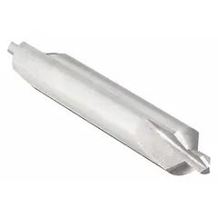 Plain-type center drill with double end design for extended tool life. Size #4 with 90° point angle and 2 1/8 in overall length. Carbide construction. Used to create precise conical starting holes in workpieces for lathe turning or grinding operations.
