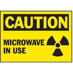 Adhesive-mounted caution signs for microwave ovens. Each sign measures 3 1/2 in x 5 in and is made of 0.01 in thick polyester. Not retroreflective and does not glow in the dark. Sold in packs of 5. Suitable for indoor use on smooth surfaces to indicate microwave in use.