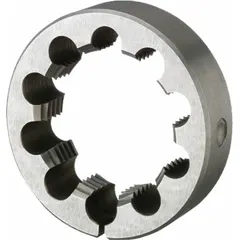 This left-hand solid round threading die is made from high-speed steel and has a 1 in outer diameter. It is used to cut external left-hand threads on rods, studs, or bolts for applications requiring reverse-thread fasteners.