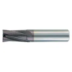 Carbide roughing end mill with corner-chamfer geometry for steel and cast iron. TiAlN coating reduces heat and wear. Fine pitch and 4 flutes provide efficient chip evacuation. Mill diameter 3/4", length of cut 7/8". Suitable for high-speed material removal in general machining operations.