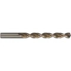 Cobalt jobber-length drill bit with a 135° split point and fast spiral flute design, engineered for deep hole-drilling in tough materials. Straw/bronze cobalt finish. Diameter: 0.1890 inches (size #12). Suitable for drilling deep holes in hard metals such as stainless steel and high-temperature alloys.