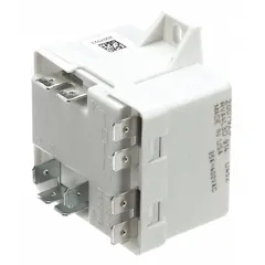 Start relay for ice machine compressors. Disconnects the start capacitor once the motor reaches operating speed, enabling proper compressor startup. Used as a replacement component in commercial ice machines.