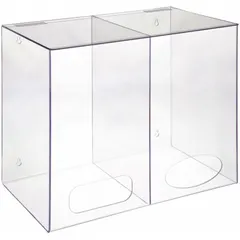Wall-mount hinged-top stack dispenser with two compartments, made of clear PETG. Dispenses bulk shoe covers with a capacity of 168 hairnets. Features one-handed access for quick retrieval in high-traffic areas.