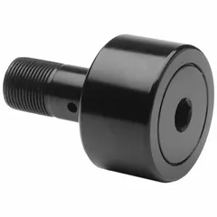 Standard duty cam follower with 2 1/4 inch diameter, bearing steel stud, single row, double sealed, hex socket flat design. Inch system. Used in linear motion systems, conveyors, and automation equipment for tracking cam profiles or supporting rolling loads.