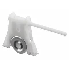 This tension spring roller is used in screen door assemblies to maintain tension on the screen material, keeping it taut and properly aligned within the door frame. It measures 8 13/32 inches in height and 4 7/16 inches in length, with a white, unfinished finish.