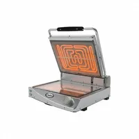 Single panini plate with a glass ceramic cooking surface, 19 inches wide. Operates at 120V and 12.5 A. Suitable for commercial kitchens to grill sandwiches, paninis, and flatbreads