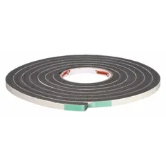 Self-adhesive foam rubber seal in a flat rectangular profile. Made of black rubber foam with standard adhesive bond for mounting. Commonly used to seal gaps around doors and windows to reduce drafts and air leakage.