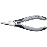 Bent needle-nose pliers with 5 3/4 in overall length, 1 1/4 in jaw length, and 1/8 in tip width. Smooth gripping surface. ESD-safe for handling sensitive components. Suitable for precision gripping, bending, and positioning in confined spaces