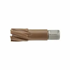 Carbide-tipped annular cutter with TiAlN/TiSiN coating and Weldon Flat shank. Cuts precise holes in tough materials such as stainless steel and high-strength alloys. Suitable for use with magnetic drill presses in heavy fabrication and structural steel applications.