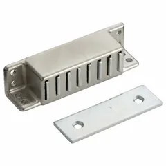 Steel magnetic push-to-close door catch with pull opening action. Height 13/16 in, width 3 1/8 in. Used for holding cabinet or enclosure doors closed in industrial panels, electrical enclosures, and machinery access doors.