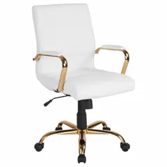 This fixed-arm office chair is upholstered in white faux leather with gold accents. It features a tilting back mechanism and a back height of 19 1/2 inches. Suitable for desk work in home or commercial office settings.