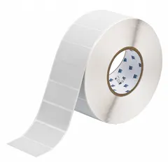 Thermal transfer precut label roll measuring 1 1/4 in x 2 3/4 in. Features a rubber aggressive adhesive with permanent adhesion. Compatible with THT printer series. Used for industrial asset identification, cable marking, and safety labeling on rough, oily, or low-surface-energy surfaces.