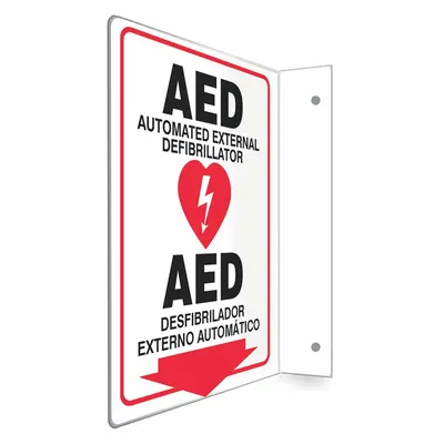CONDOR Safety Sign: PETG, Mounting Holes Sign Mounting, 12 in x 9 in Nominal Sign Size - L-Shape Projection AED Automatic External Defibrillator/AED Defibrillator Automatizado Externo Signs