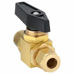 This straight brass ball valve features compression x compression end connections and a wedge handle. Designed for panel mounting, it is used to start, stop, or redirect flow in industrial piping systems such as instrumentation panels and pneumatic controls.