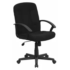 Fixed-arm office chair with black fabric upholstery. Back height 21 3/4 in, seat width 19 3/4 in. Suitable for desk work in industrial offices, control rooms, or administrative areas.