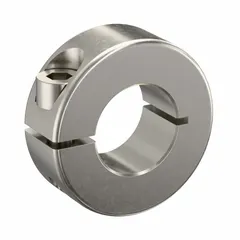 This metric, round, clamp-on shaft collar is made of stainless steel and features a 20 mm bore diameter with a 15 mm collar width. It is used to position and secure components on a 20 mm round shaft, preventing axial movement in power transmission and motion control applications.