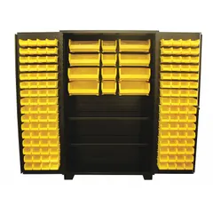 This steel bin cabinet from JAMCO features a black powder-coated finish and includes 128 yellow bins (3 in x 4-1/8 in x 7-1/2 in each) plus two shelves. The 14 ga panel and flush bin style support organized storage of small parts, tools, and components in industrial workshops, warehouses, and maintenance facilities. Supplied fully assembled.