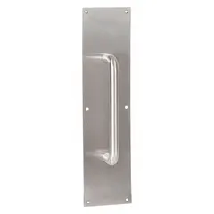 This hand-operated door pull is constructed from copper alloy with a gray finish. It measures 15 inches in height and is designed for use on entry doors in commercial or industrial settings.