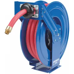 This dual-pedestal gas spring-return hose reel is constructed with nickel-plated steel and features a 1 in MNPT inlet. It has a maximum operating pressure of 300 psi. Typical applications include managing and storing hoses for air, water, or oil transfer in industrial settings such as workshops and manufacturing plants.