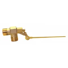 This float valve assembly controls water level in tanks or reservoirs by opening or closing based on liquid level. It features a brass angle valve body for horizontal piping, with a flow rate of 21 gpm at 35 psi. The assembly includes an adjustable arm and a 1/4"-20 rod thread; no float is included. Connections are male NPT on both sides.
