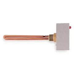 Screw-plug immersion heater with 1 in NPT connection, 120V AC, 1500W, and 41 W/sq in watt density. Copper sheath and brass screw plug. Adjustable control range 110° to 190°F. For heating liquids in tanks or vessels.