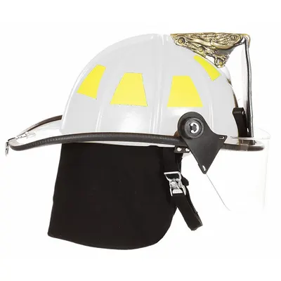 FIRE-DEX Fire Helmet: White, Fiberglass, Traditional Rear Brim, Chin Strap