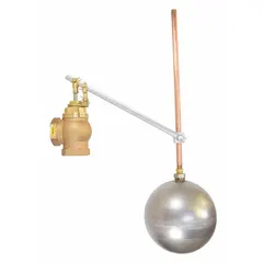 This float valve assembly automatically controls water levels in tanks, reservoirs, and cooling towers. It features an angle bronze body with female NPT connections, a cylindrical float and rod, and an adjustable arm. Designed for horizontal piping, it delivers a flow rate of 100 gpm at 60 psi.