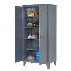 This industrial shelf cabinet is constructed of welded steel with a dark gray baked enamel finish. It features four adjustable shelves, a swing handle, and a padlock hasp for secure storage. The 12-gauge panel thickness provides structural rigidity. Suitable for organizing tools, parts, and equipment in workshops, warehouses, and manufacturing environments.
